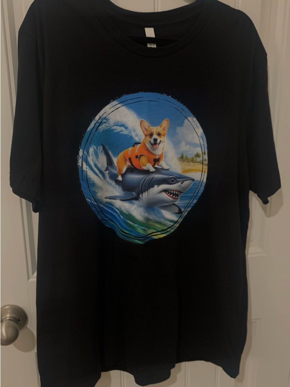 Black Tee with Corgi riding Shark Graphic